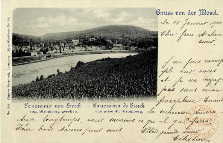 Gruss von der Mosel / Panorama von Sierck vom Stromberg gesehen / Panorama de Sierck vue prise du Stromberg