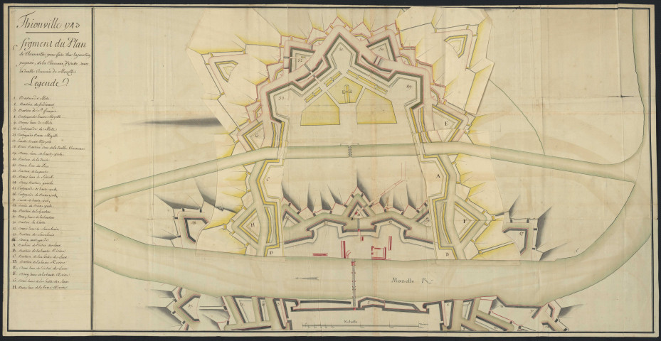 THIONVILLE 1743. FRAGMENT DU PLAN DE THIONVILLE POUR FAIRE VOIR LA JONCTION PROPOSEE DE LA COURONNE D'YUTZ AVEC LA DOUBLE COURONNE DE MOZELLE