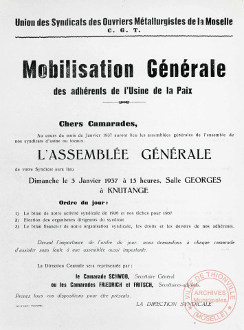 Affiche de mobilisation pour l'assemblée générale de l'Union des Syndicats des Ouvriers Métallurgistes de la Moselle (C.G.T.) le 03 janvier 1937.