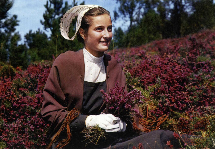 Folklore de Bretagne... Jeune Fille en costume de Pléhérel et environs. Rêverie sur la lande Bretonne.