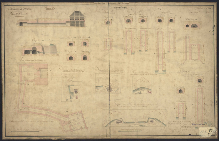 « ATLAS DES BATIMENTS MILITAIRES. DIRECTION DE METZ. PLACE DE THIONVILLE. FEUILLE N° 33  Bastion n°3 : coupes, plan des souterrains situés sous le bastion, fragment du plan de la place pour faire connaître la position des souterrains Souterrains des bastion n°4-5-6-7 : coupes, plans des souterrains, fragments du plan de la place pour faire connaître la position des souterrains.