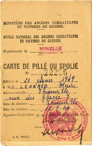 Carte de pillé ou spolié (1945-1947)
