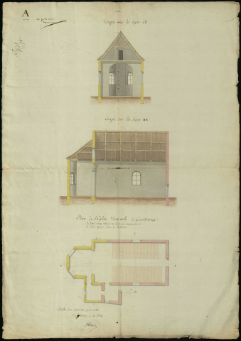 [Coupes et plan de l'église de Guentrange en 1822].- Plan dressé par l'architecte de la ville Krier. (extrait du dossier 1 M 2)