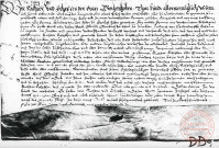 [Thionville, le 20 mai 1600. Le justicier et les échevins de la ville de Thionville font savoir que le sieur Hans Schey, échevin, leur a prêté la somme de 100 thaller à 30 stib. ils lui engagent la moitié du Mersch de la ville (die halbe theill ahn deisser Statt Mersch), du côté de la grange de juncher Friedrich von Gonderstorff, et apposent le sceau commun de la ville]