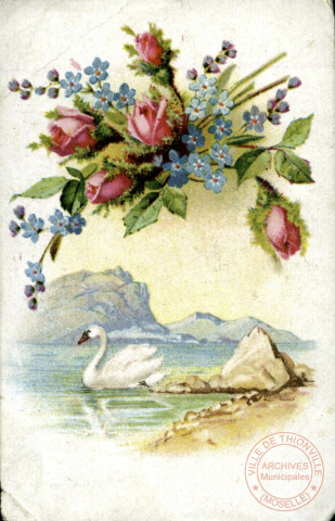 Bouquet de roses et lac avec un cygne.