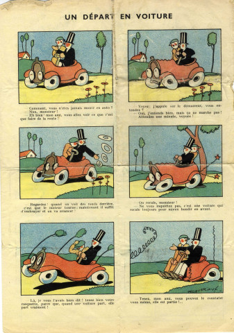 Planche de dessin de Pecqueriaux Paul-Henri intitulé 'Un départ en voiture', papier, en coul. [1930]Sur l'autre face, publicité 'Noël! Nouvel AN! Noël! les étrennes de Blécao aux enfants sages'.