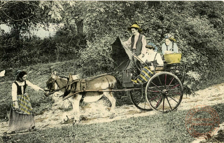 Carte "Un coup de vent" - Attelage avec un mulet, parapluie retourné, à la campagne