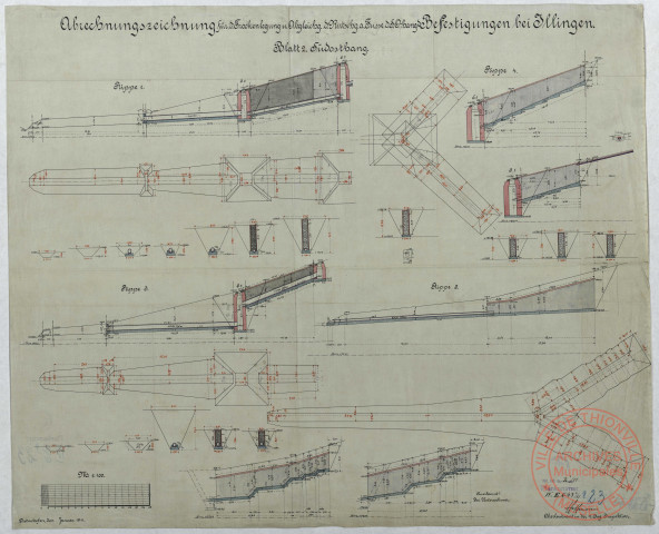 ABRECHNUNGSZEICHNUNG FÜR D. TROCKENLEGUNG U. ABGLEICHG. D. RUTSCHG. A. FUSSE D. S.O-HANG D. BEFESTIGUNGEN BEI ILLINGEN. BLATT 2. SÜDOSTHANG.