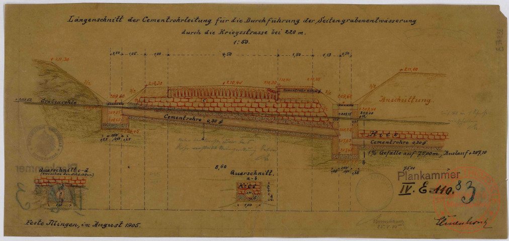 LÄNGENSCHNITT DER CEMENTROHRLEITUNG FÜR DIE DURCHFÜHRUNG DER SEITENRGABENENTWÄSSERUNG DURCH DIE KRIEGSTRASSE BEI 2,20 M
