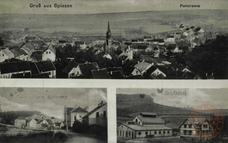 Gruss aus Spiesen. Panorama, Gasfabrik, Partie auf dem Butterberg.