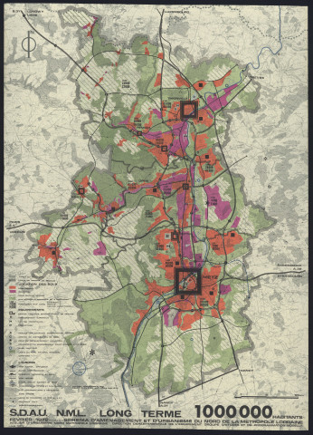 « SCHEMA D'AMENAGEMENT ET D'URBANISME DU NORD DE LA METROPOLE DE LORRAINE ».- Modifié en 1973, approuvé par décret interministériel du 11.1.1974.- Légende. Long terme pour 1 000 000 habitants.Thionville, Metz, Briey, Fensch, Orne.