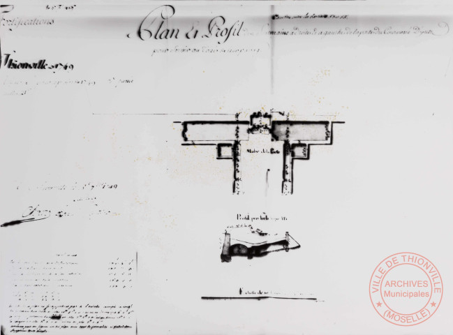 Plan et profil des souterrains à droite et à gauche de la porte du couronné d'Yutz en 1749