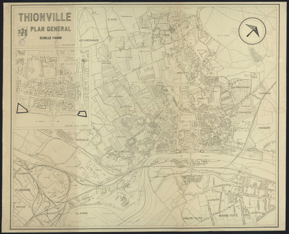 « THIONVILLE. PLAN GENERAL »/ dressé par le Service municipal d'urbanismeReproduction d'un plan mis à jour en 1964. En plus, une carte du centre ville au 2000e.