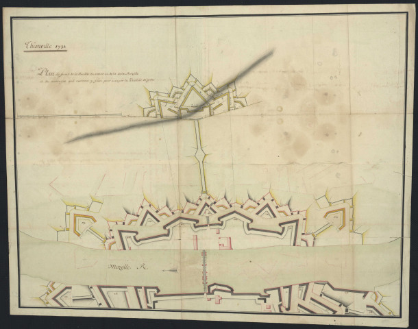 THIONVILLE 1731. PLAN DU FRONT DE LA DOUBLE COURONNE AU DE LA DE LA MOZELLE ET DES OUVRAGES QUIL CONVIENT Y FAIRE POUR OCCUPER LA HAUTEUR DE YUTZ