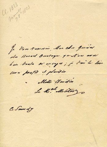 Mot de remerciement du maréchal Molitor pour des ouvrages qu'un général lui a envoyées.