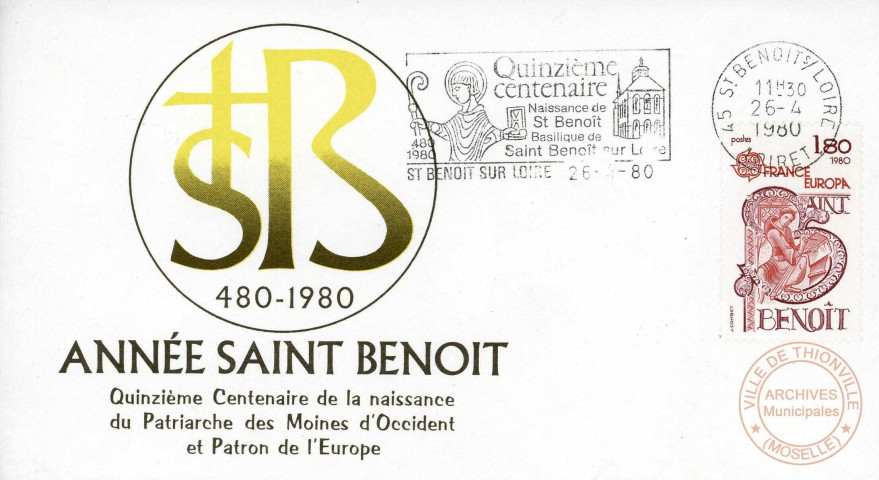Quinzième Centenaire St Benoit . Lettrine des Morales sur Job par St Grégoire-Le-Grand. Biographe de St Benoit. Oblitération du Ier Jour + enveloppe