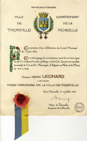 Henri Léonard a été nommé maire honoraire de la ville de Thionville