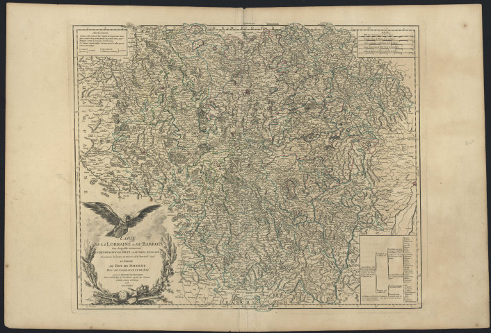 CARTE DE LA LORRAINE ET DU BARROIS DANS LAQUELLE SE TROUVENT LA GENERALITE DE METZ ET AUTRES ENCLAVES. DRESSEE POUR LA LECTURE DU MEMOIRE DE M. DURIVAL L'AÎNE, ET DEDIEE AU ROY DE POLOGNE DUC DE LORRAINE ET DE BAR. PAR LE Sr. ROBERT DE VAUGONDY GEOG. ORD. DU ROY, DE L'ACADEMIE ROYALE DES SCIENCES ET BELLES-LETTRES DE NANCY