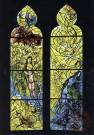 Cathédrale de Metz.Vitraux 1964. Gauche: Adam et Eve Chasées du Paradis, Droite: Eve et le Serpent.Exposition Marc Chagall.