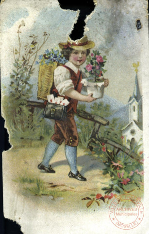 Enfant portant des fleurs.