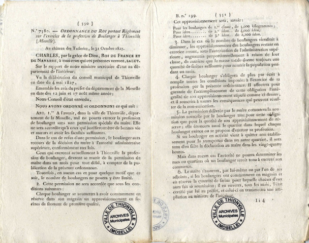 Ordonnance du Roi portant règlement sur l'exercice de la profession de boulanger à Thionville