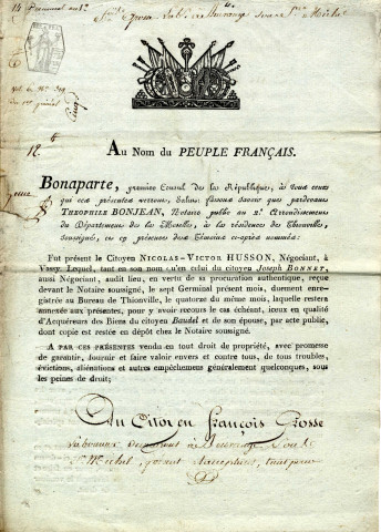 Acte de vente de terres au laboureur François Grosse et Marie Baué son épouse tous deux domiciliés à Beuvange-sous-Saint-Michel.