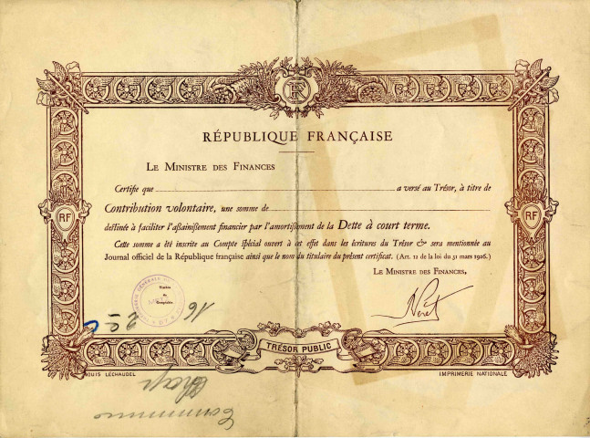 Certificat de contribution volontaire destiné à faciliter l'assainissement financier par l'amortissement de la dette à court terme.