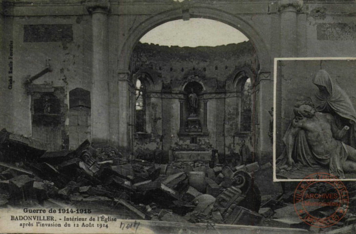 Guerre 1914-1915. BADONVILLER.- Intérieur de l'Eglise après l'invasion du 12 août 1914