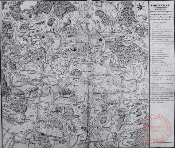 Thionville (carte) : légende pour faire connaître les positions occupées par l'ennemi et ses dispositions d'attaque lors blocus de cette place en 1792.