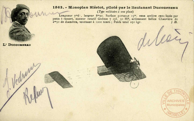 Monoplan Bleriot, piloté par le lieutenant Ducourneau.