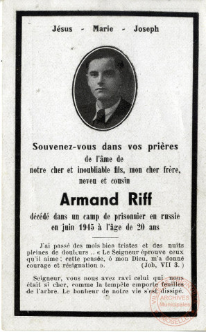 [Avis mortuaire de M. Armand RIFF, décédé dans un camp de prisonnier en Russie en juin 1945 à l'âge de 20 ans]