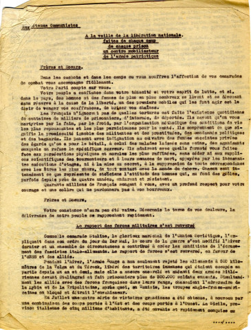 Tract 'Aux détenus communistes' faisant un bilan de la situation militaire, tapuscrit, calque, 7 p., [1943].