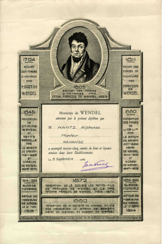 Diplôme décerné à Mr Hantz Alphonse, monteur, pour avoir accompli 35 années de bons et loyaux services dans les Établissements de Wendel