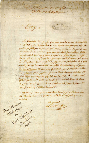 Lettre du commandant de la place de Thionville, Félix de Wimpffen, relatant le bon moral des assiégés pendant le siége de Thionville par l'armée des Alliés et des Emigrés et mentionnant la blessure qu'il a reçue au cours d'une sortie contre les assiégeants.