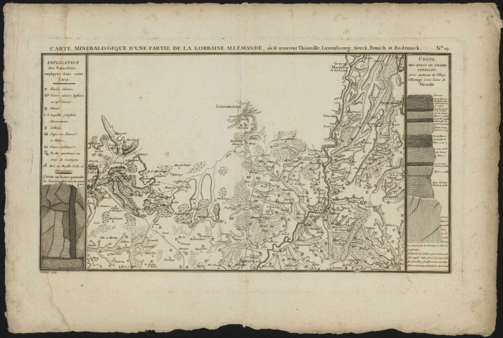 CARTE MINÉRALOGIQUE D'UNE PARTIE DE LA LORRAINE ALLEMANDE, OU SE TROUVENT THIONVILLE, LUXEMBOURG, SIERCK, REMICH ET RODEMACK 