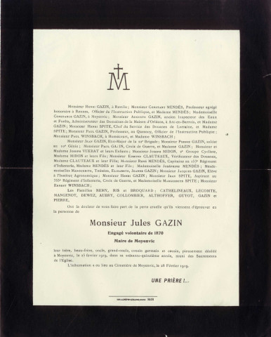 Faire-part de décès de Jules Gazin engagé volontaire de 1870 et maire de Moyenvic (1919)