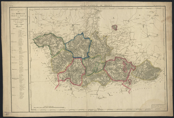 DÉPARTEMENT DE LA MOSELLE DÉCRÉTÉ LE 19 JANVIER 1790 PAR L'ASSEMBLÉE NATIONALE, DIVISE EN 9 DISTRICTS ET 76 CANTONS