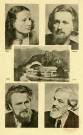 Vue de Oberammergau et quatre acteur de la Passion.