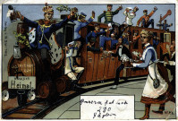 [Carte postale humoristique représentant un train dans et sur lequel se trouve de nombreux militaires buvant une chope de bière]