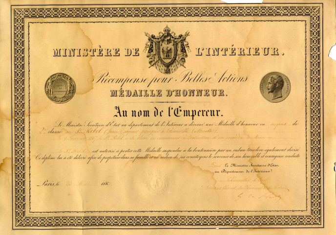 [Récompense pour belles actions accordée au nom de l'Empereur à M. Jean Rebel, sapeur-pompier de Thionville, en 1867]