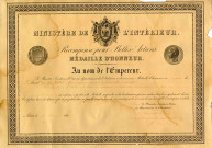 [Récompense pour belles actions accordée au nom de l'Empereur à M. Jean Rebel, sapeur-pompier de Thionville, en 1867]
