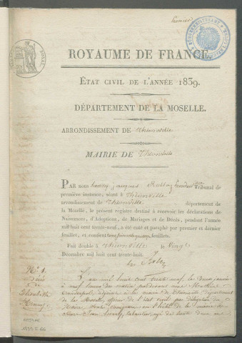 État civil : registre de naissances, mariages, décès (1839)