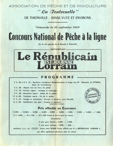 Concours national de pêche à la ligne sur la rive gauche de la Moselle à Thionville organisé par l'Association "La Fraternelle" (20 septembre 1959)