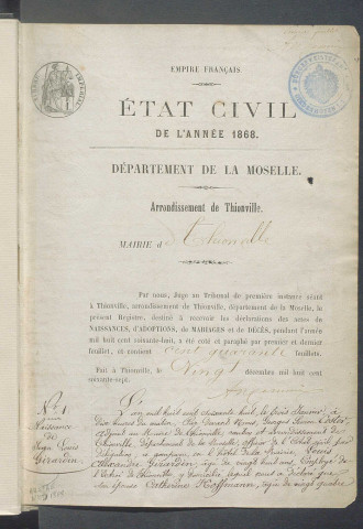 État civil : registre de naissances, mariages et décès (1868)