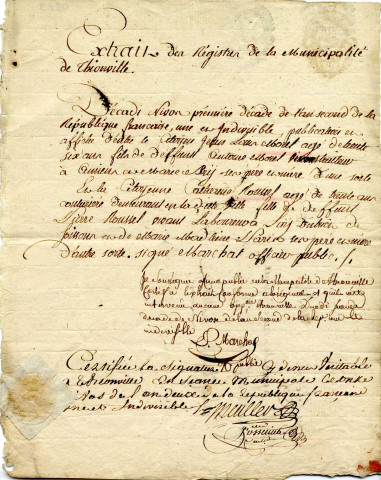 Extrait des registres de la municipalité concernant la publication des bans concernant le mariage entre le citoyen Jean Louis Morel et la citoyenne Catherine Rousel.