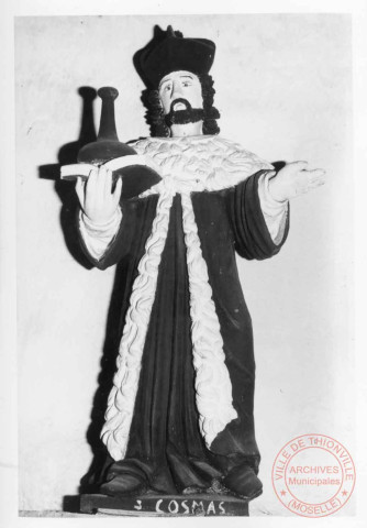 Statue en bois de Saint Cosme (XVIIe), chapelle Sainte-Barbe, 1 route d'Usselskirch à Breistroff-la-Grande