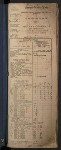 Matrice générale des contributions foncières personnelle mobilière et des portes et fenêtres (1878-1881)