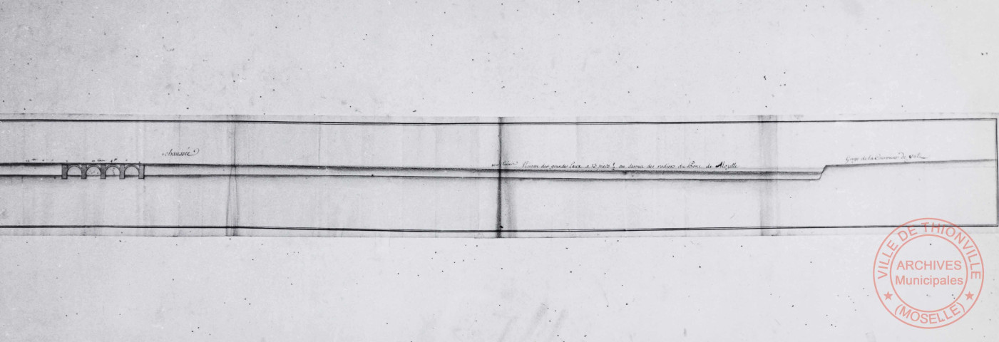 Thionville 1740. Pont de la Moselle. Profil pris depuis la porte de la Ville jusqu'à la gorge de la couronne de Yutz pour faire voir la hauteur des eaux du débordement de la Moselle du 18 octobre de la présente année.