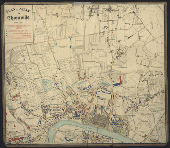 « PLAN DE LA VILLE DE THIONVILLE ».- Légende. Evolution du bâtis.Thionville, St Pierre, Grande Saison, Près de Brouck, Tafeld, Haute et Basse-Guentrange, Beauregard, la Malgrange.