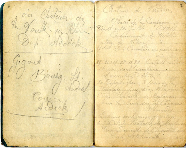 [Carnet de guerre de Alfred Royer].- [S.l.] : l'auteur, 1914.- 1 cahier : crayon, ms., 71p. ; 15 x 9,5 cm.